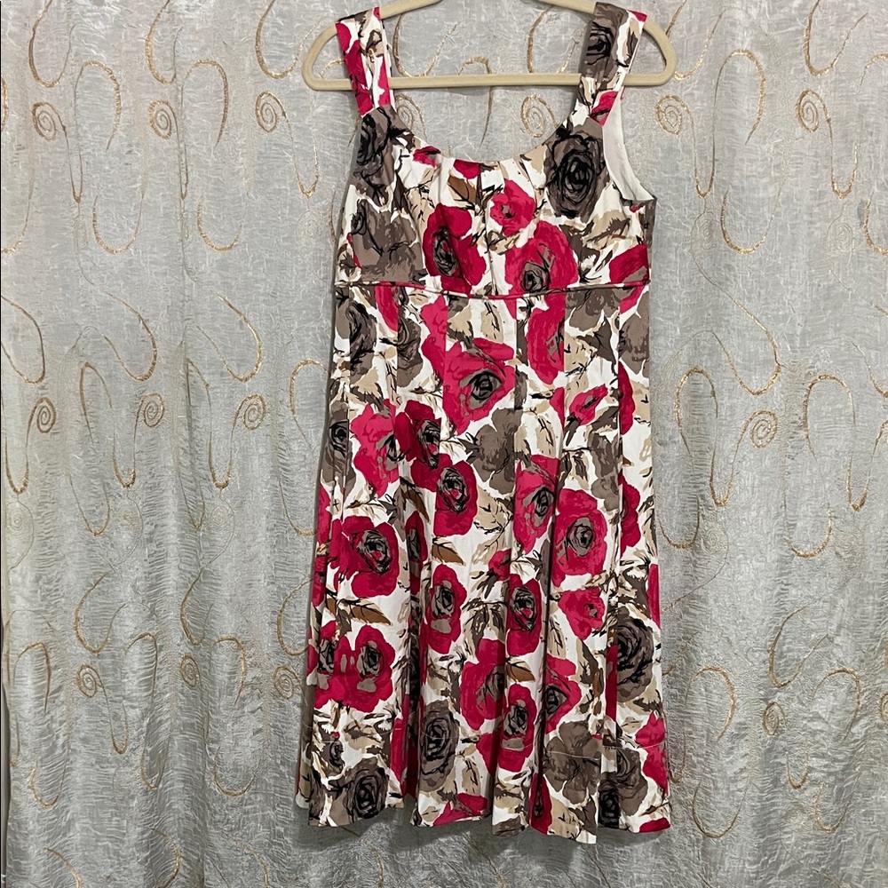 Maggy London Floral Midi Dress - Red, Brown, and Cream